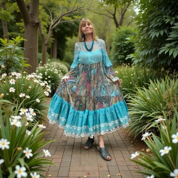 Upcycled Turquoise Boho Maxi Dress with Lacy Top & Paisley Ruffled Skirt, Size M - Picture 11 of 12
